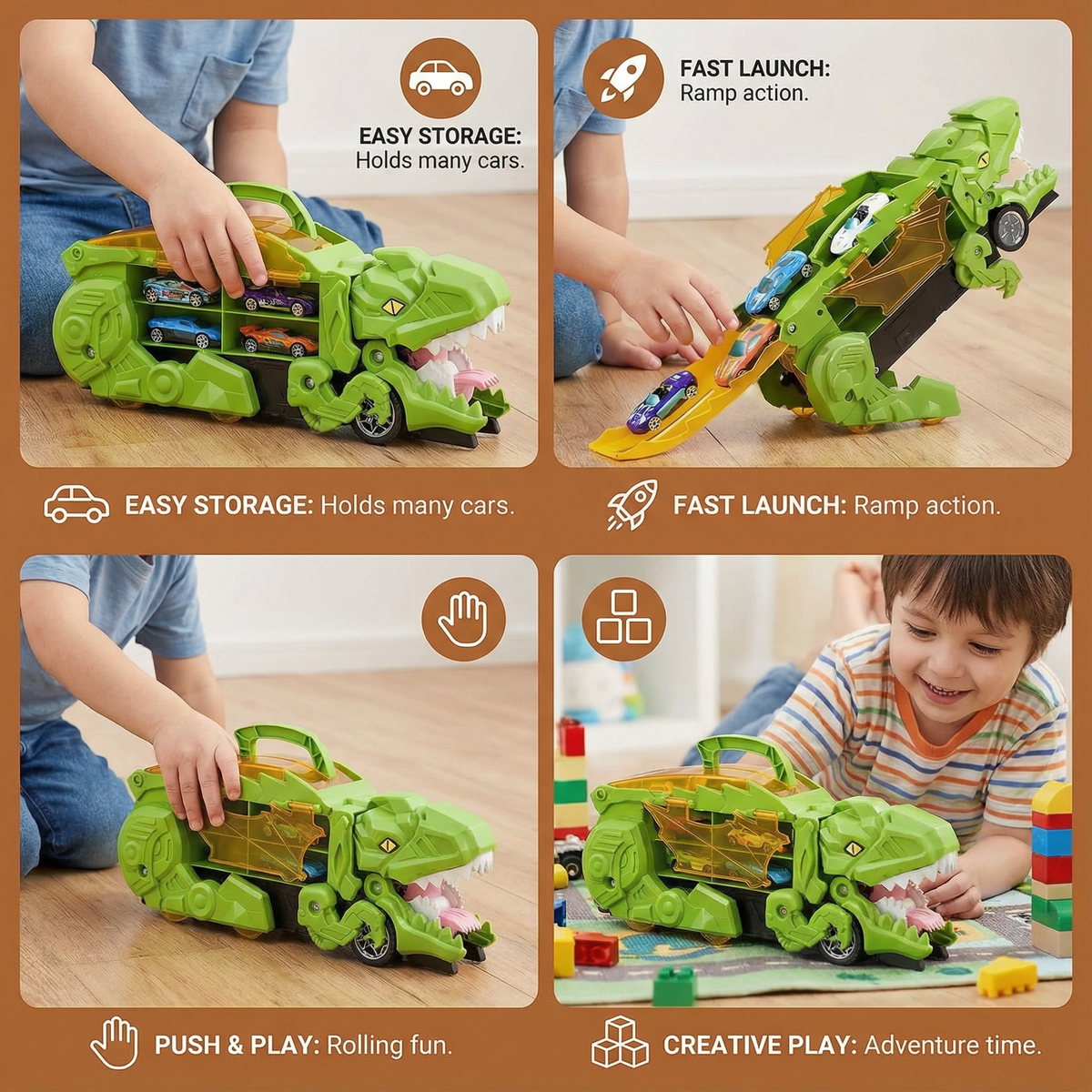 Transforming Dinosaur Truck with Car Slide Track and LED Lights