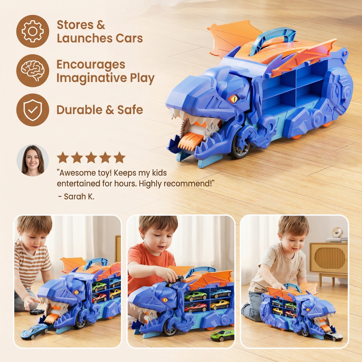 Transforming Dinosaur Truck with Car Slide Track and LED Lights