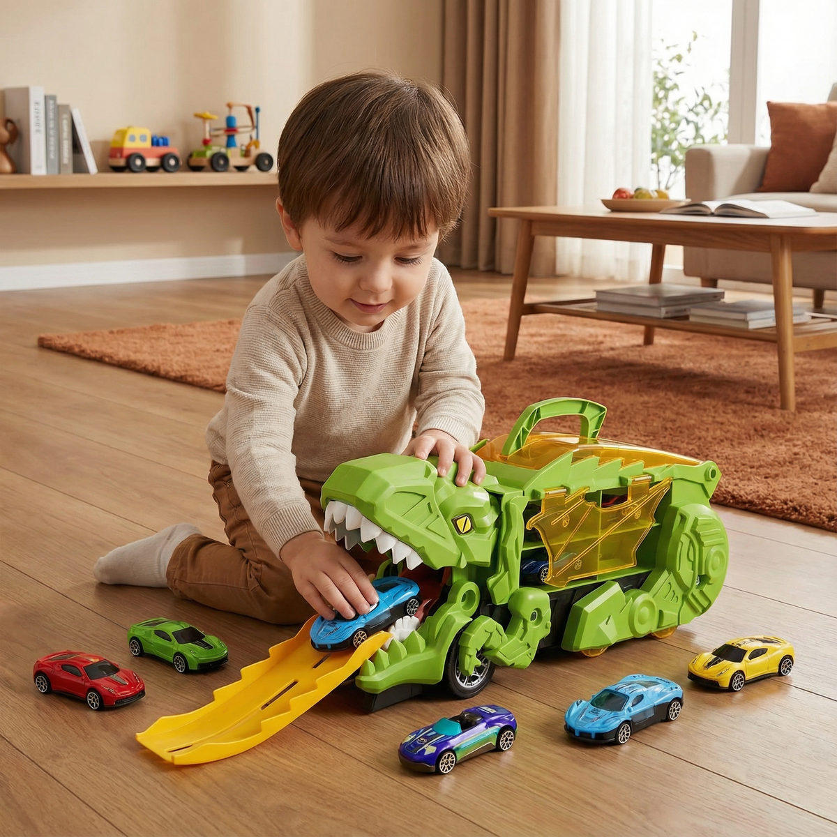 Transforming Dinosaur Truck with Car Slide Track and LED Lights