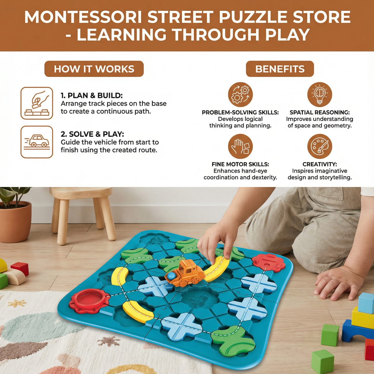 Street Layout Puzzle with Interlocking Blocks and Rolling Vehicle