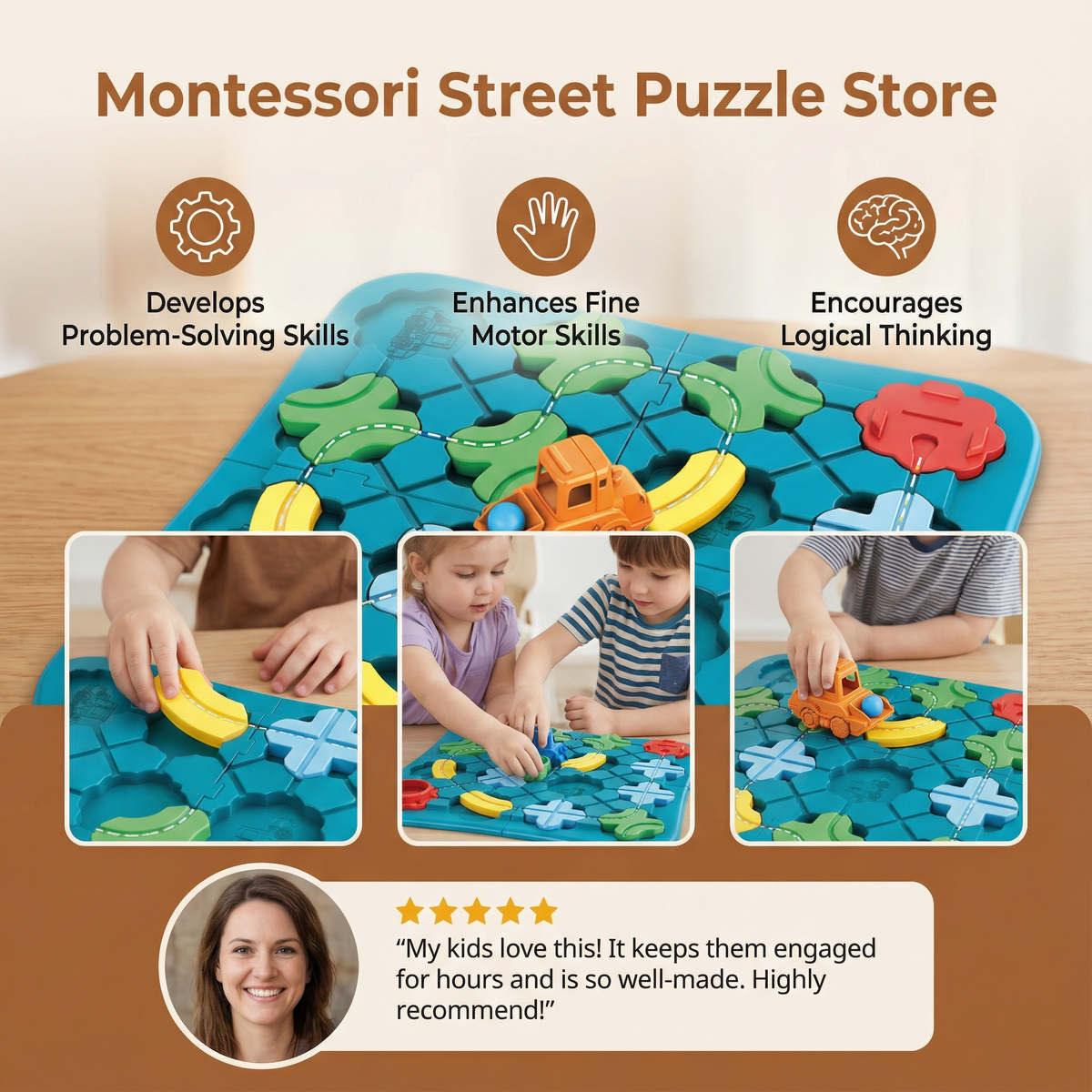 Street Layout Puzzle with Interlocking Blocks and Rolling Vehicle