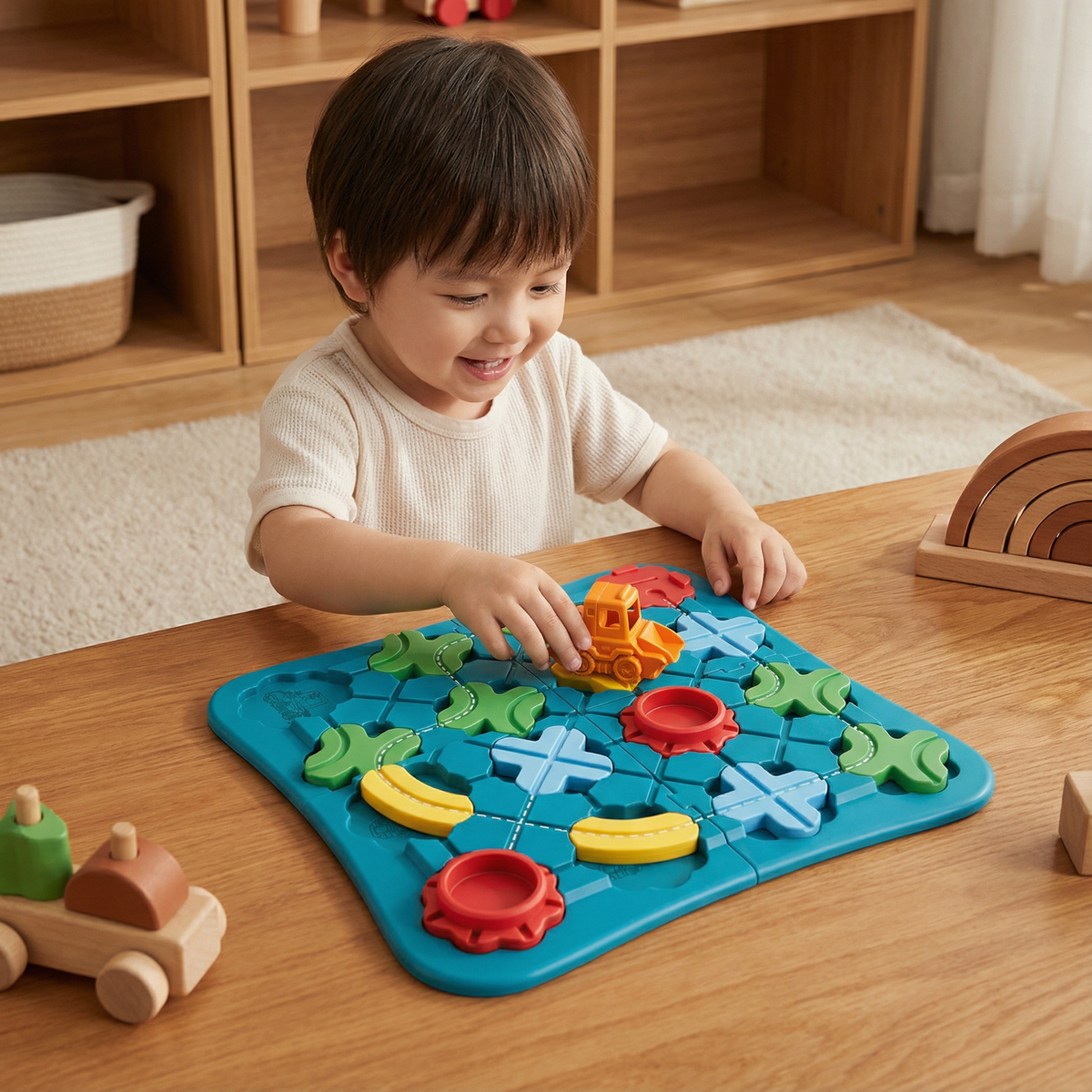 Street Layout Puzzle with Interlocking Blocks and Rolling Vehicle