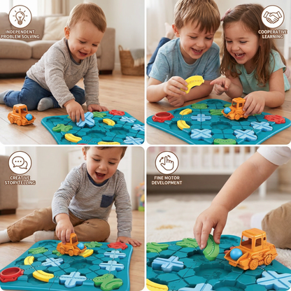 Street Layout Puzzle with Interlocking Blocks and Rolling Vehicle