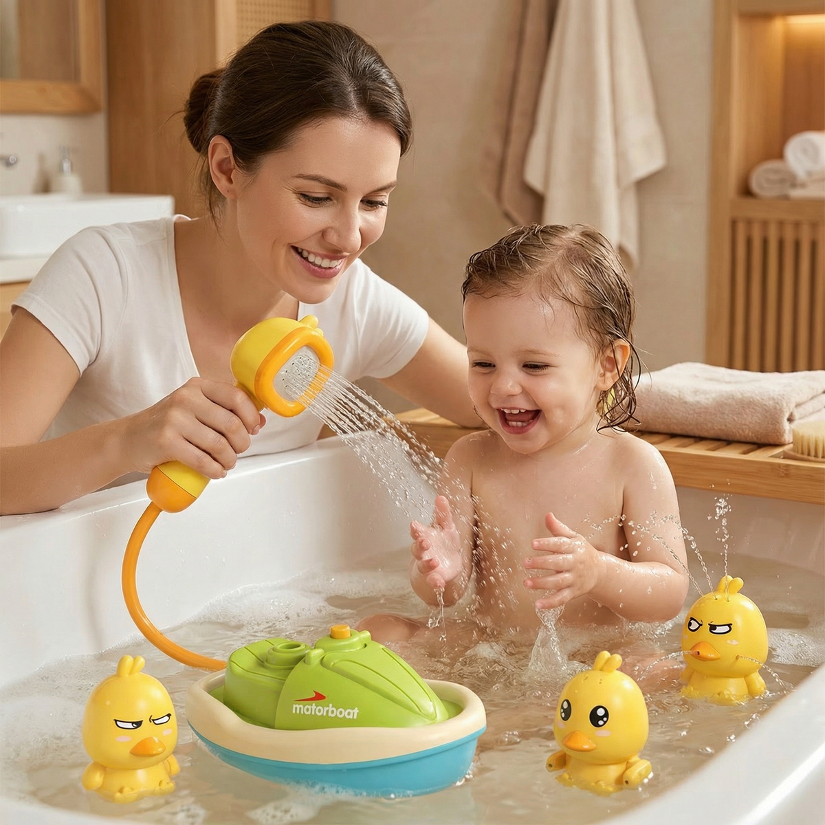 Duck Fountain Bath Toy with Motorized Boat and Squirting Ducks, Shower Head