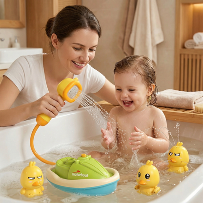Duck Fountain Bath Toy with Motorized Boat and Squirting Ducks, Shower Head