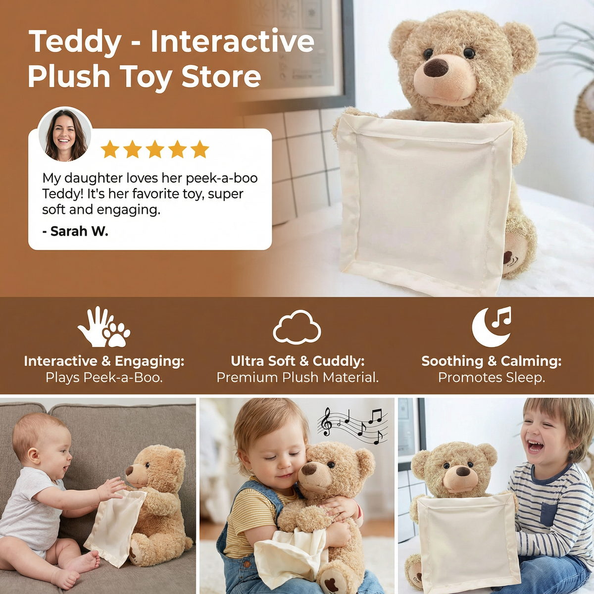 Interactive Plush Bear with Touch Activation and Voice Responses for Toddlers