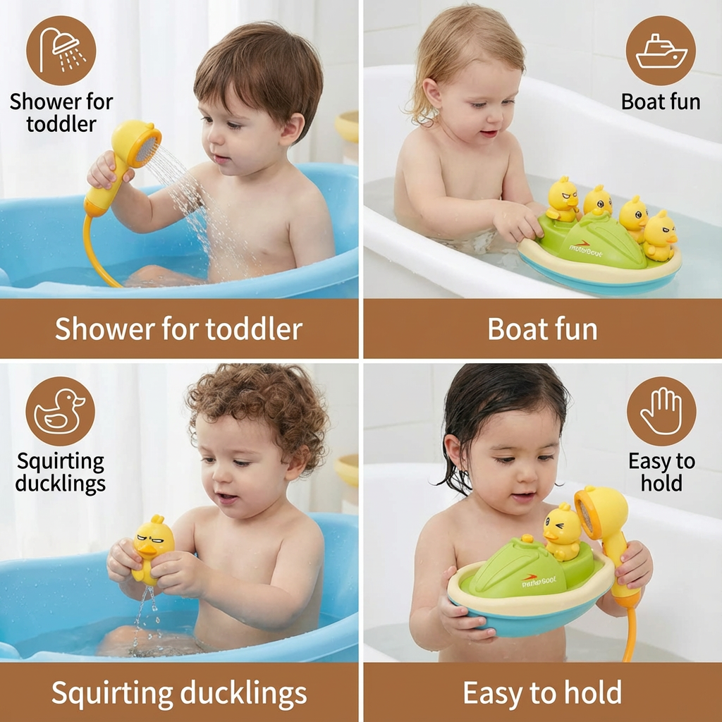Duck Fountain Bath Toy with Motorized Boat and Squirting Ducks, Shower Head
