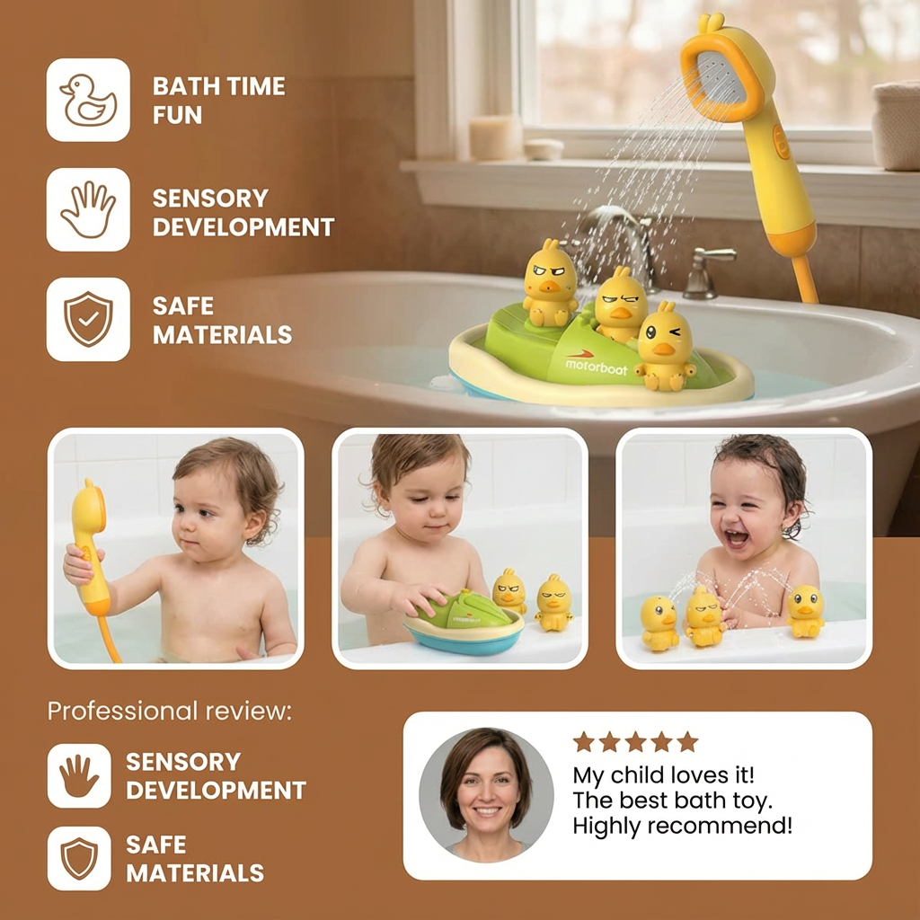 Duck Fountain Bath Toy with Motorized Boat and Squirting Ducks, Shower Head