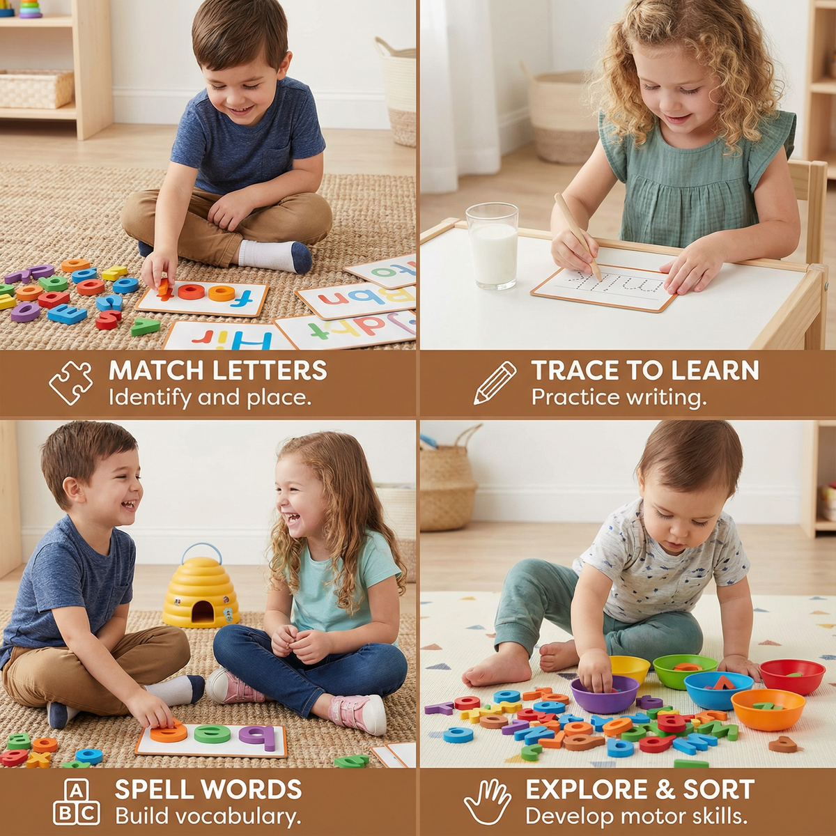 Letter Recognition Spelling Game with Picture Cards and Letter Pieces for Preschool