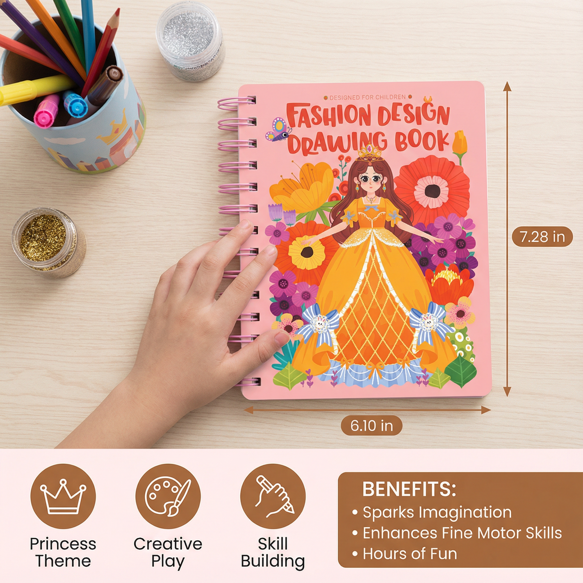 Spiral-Bound Princess Coloring Book with Craft Materials and Design Templates