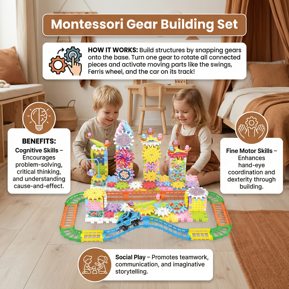 Gear Building Set with Rotating Mechanism and 203 Interlocking Pieces