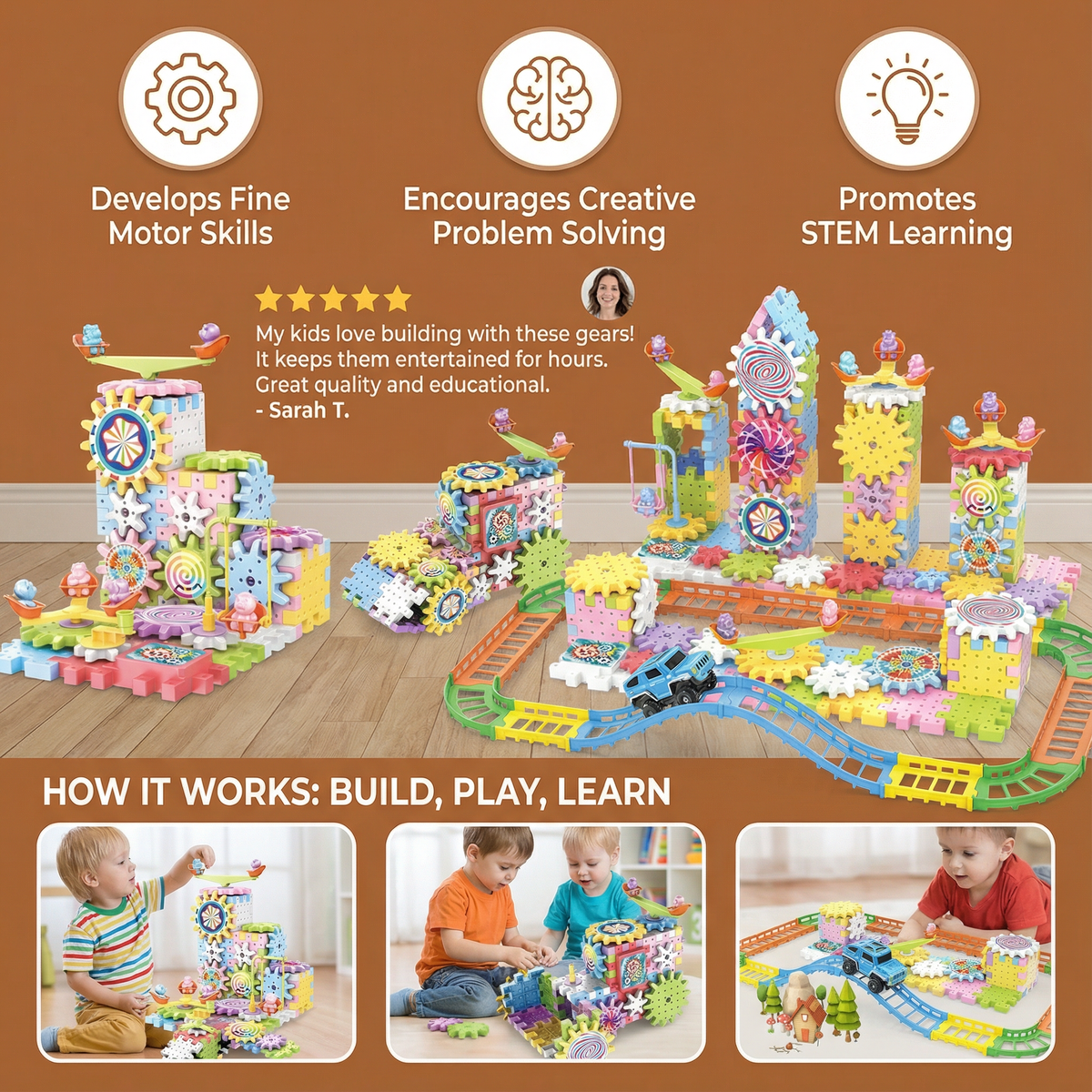 Gear Building Set with Rotating Mechanism and 203 Interlocking Pieces