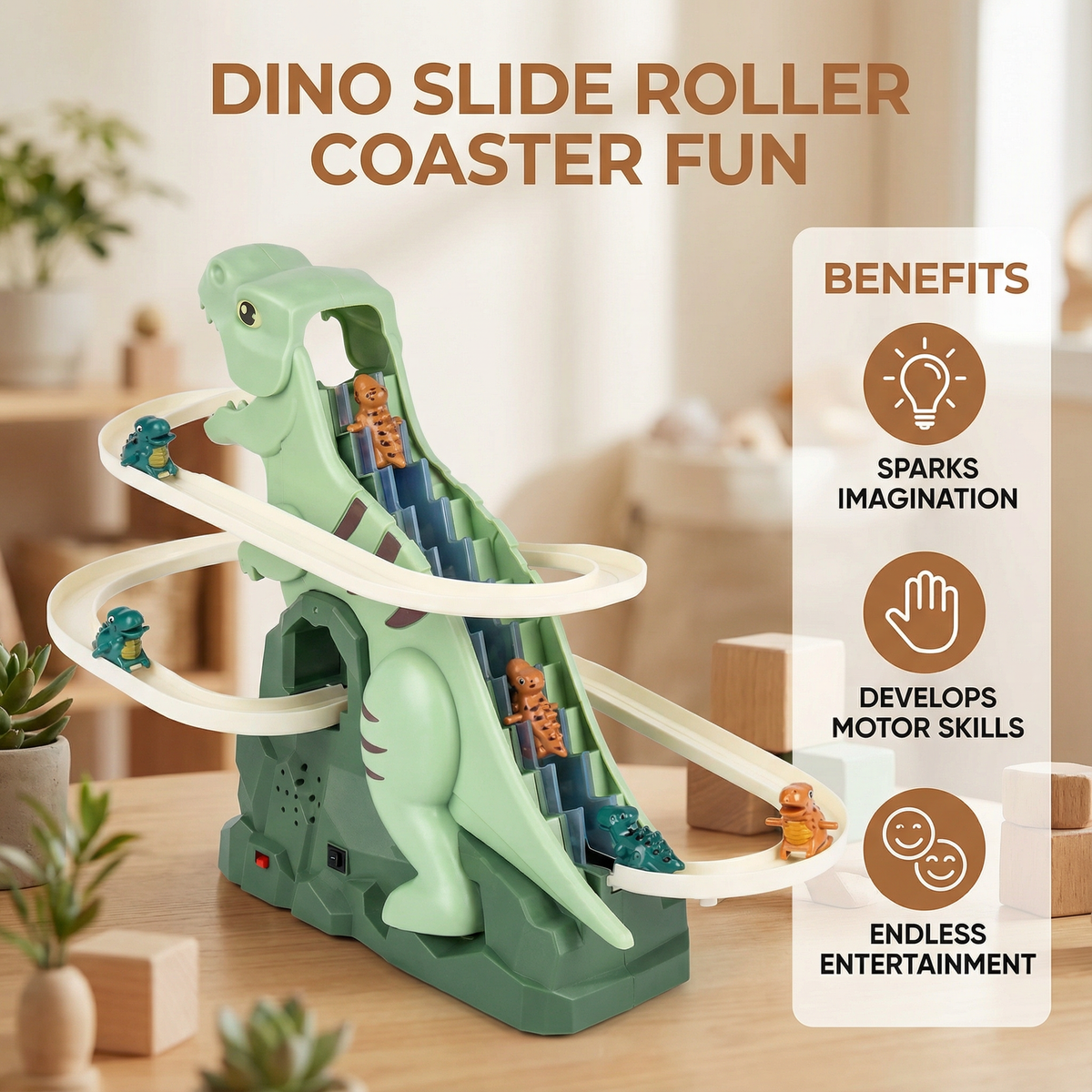 Dinosaur Slide Roller Coaster for Kids with Climbing Track and Indoor Outdoor Use