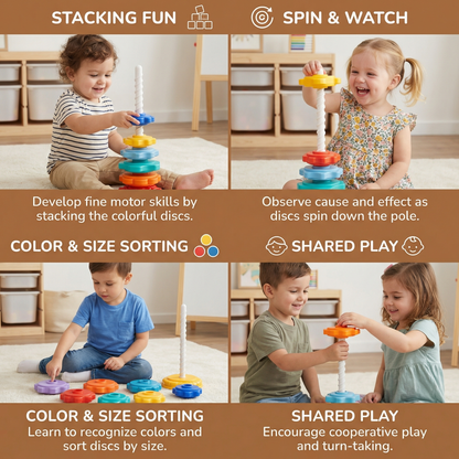 Colorful Spinning Tower Stacking Toy with Rotating Sections and Shape Learning