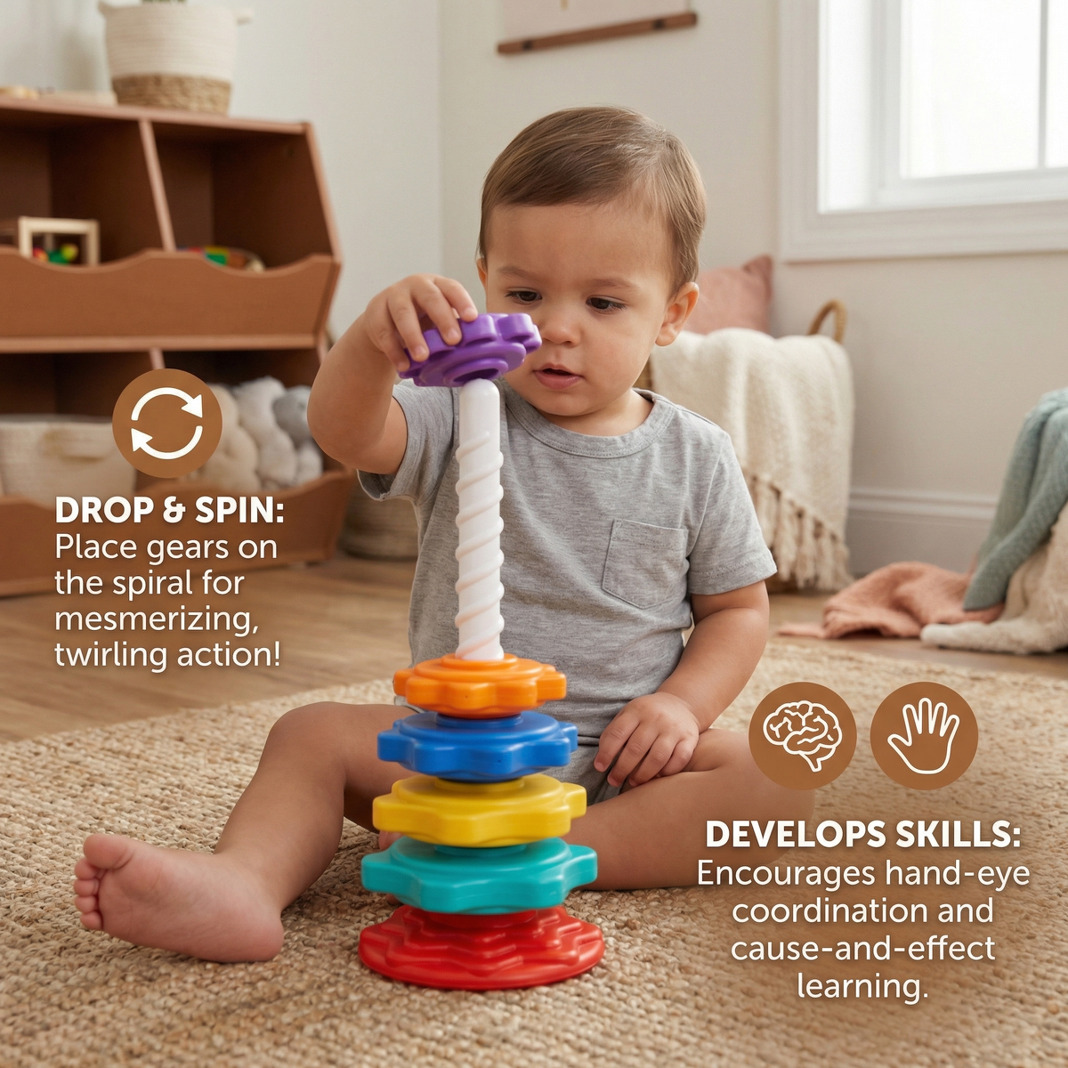 Colorful Spinning Tower Stacking Toy with Rotating Sections and Shape Learning