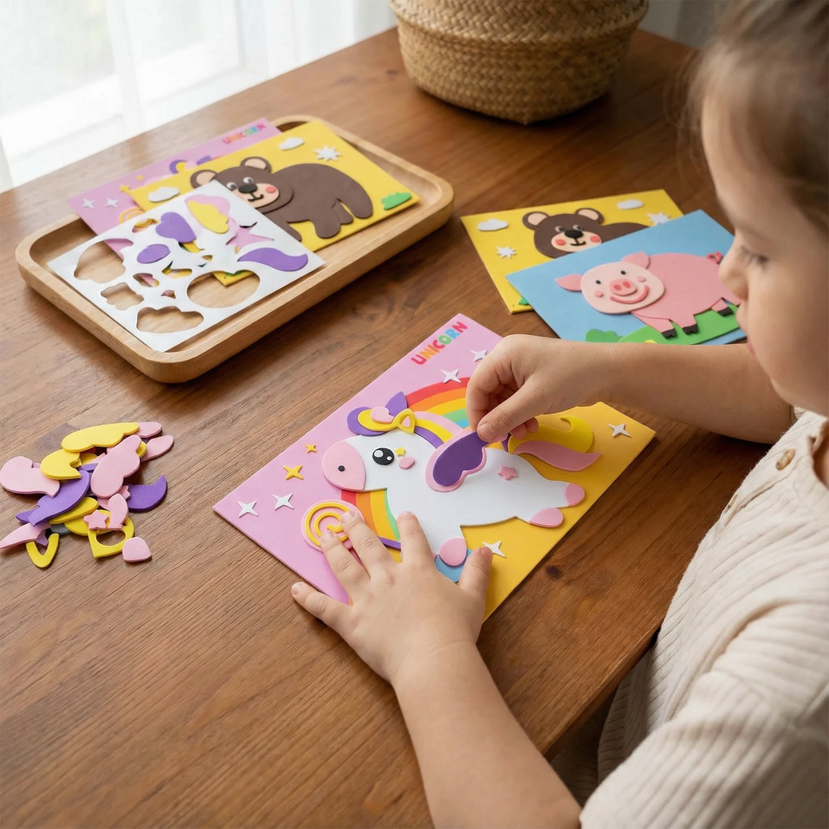 Sticker Placement Craft Set with Numbered Guides and Animal Vehicle Scenes