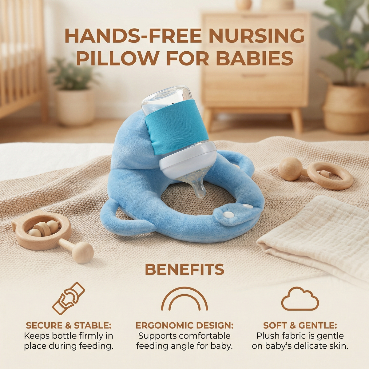 Nursing Pillow with Bottle Holder and Breathable Mesh, Hands-Free Feeding