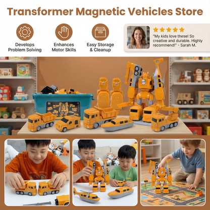 Magnetic Building Vehicles with Robot Transformation and Snap Connectors