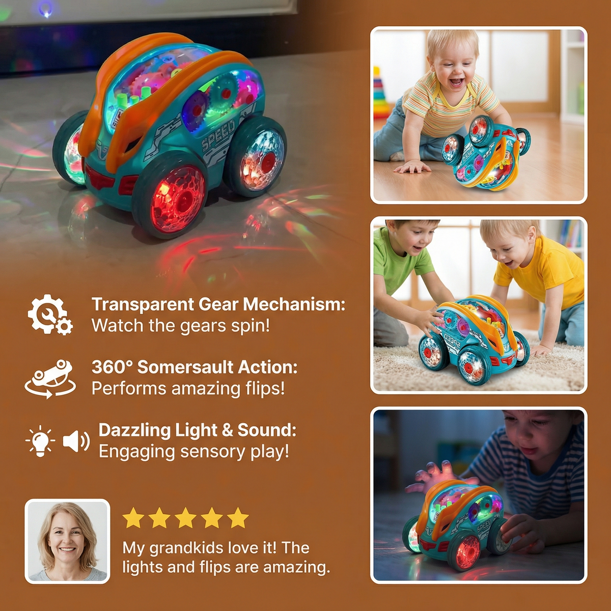 Flipping Stunt Car with Multicolor Lights and Remote Control, Rechargeable