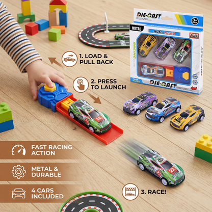 Die Cast Car Launcher Set with Spring Catapult and Four Racing Cars