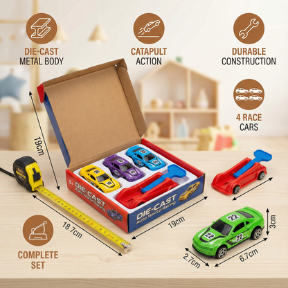 Die Cast Car Launcher Set with Spring Catapult and Four Racing Cars