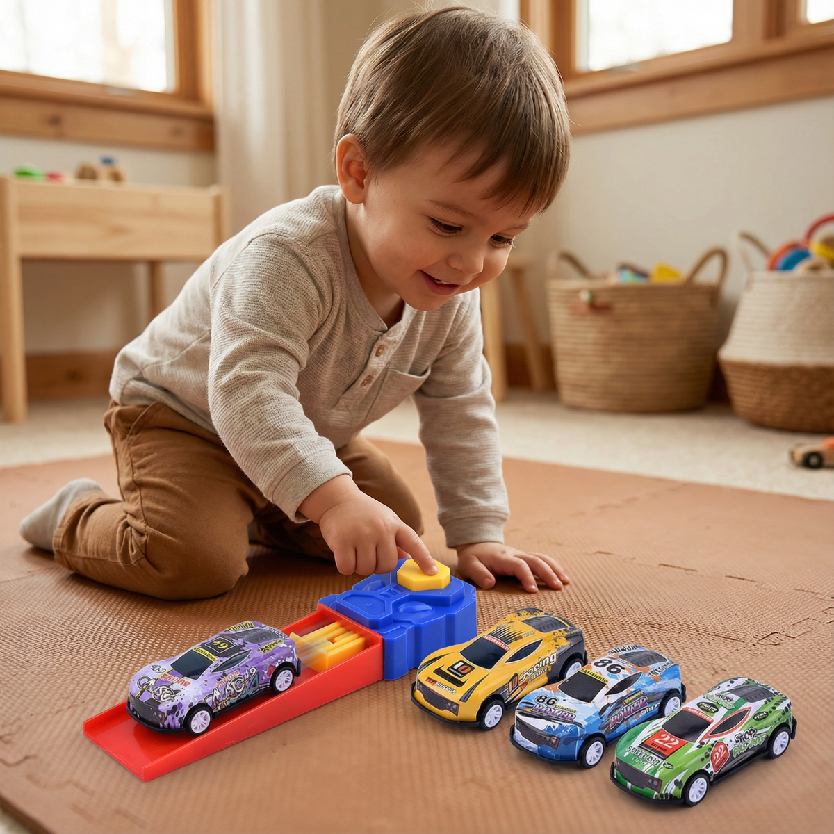 Die Cast Car Launcher Set with Spring Catapult and Four Racing Cars