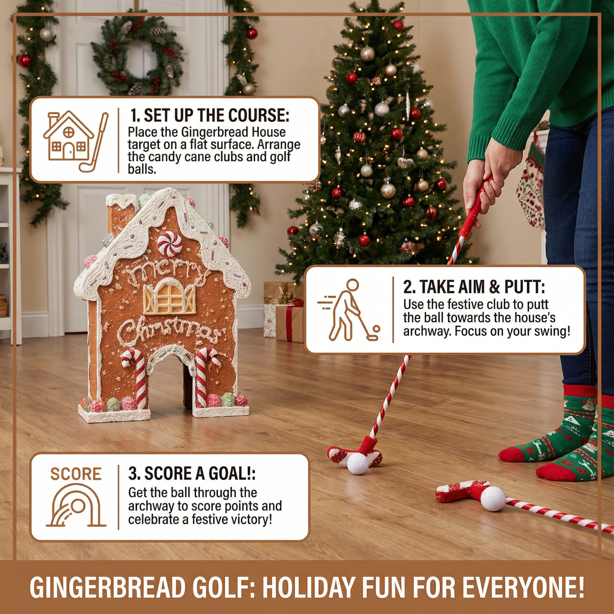 Tabletop Mini Golf Set with Gingerbread Theme and Golf Club for Holiday Parties