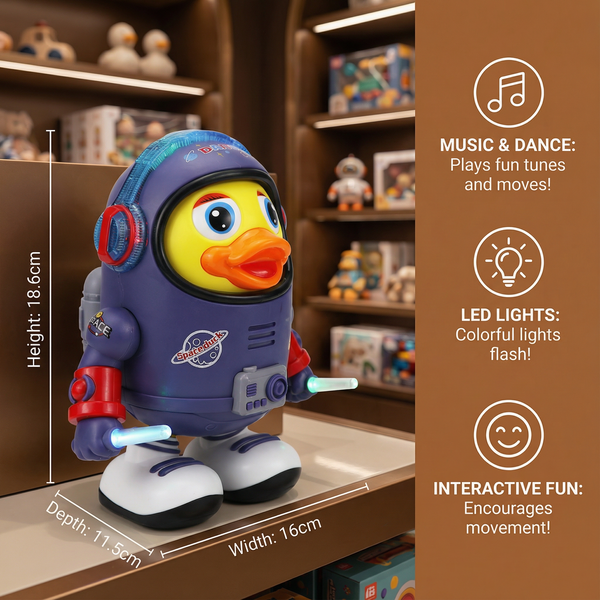 Musical Astronaut Duck Toy with Built-In Speaker and Dancing Movements
