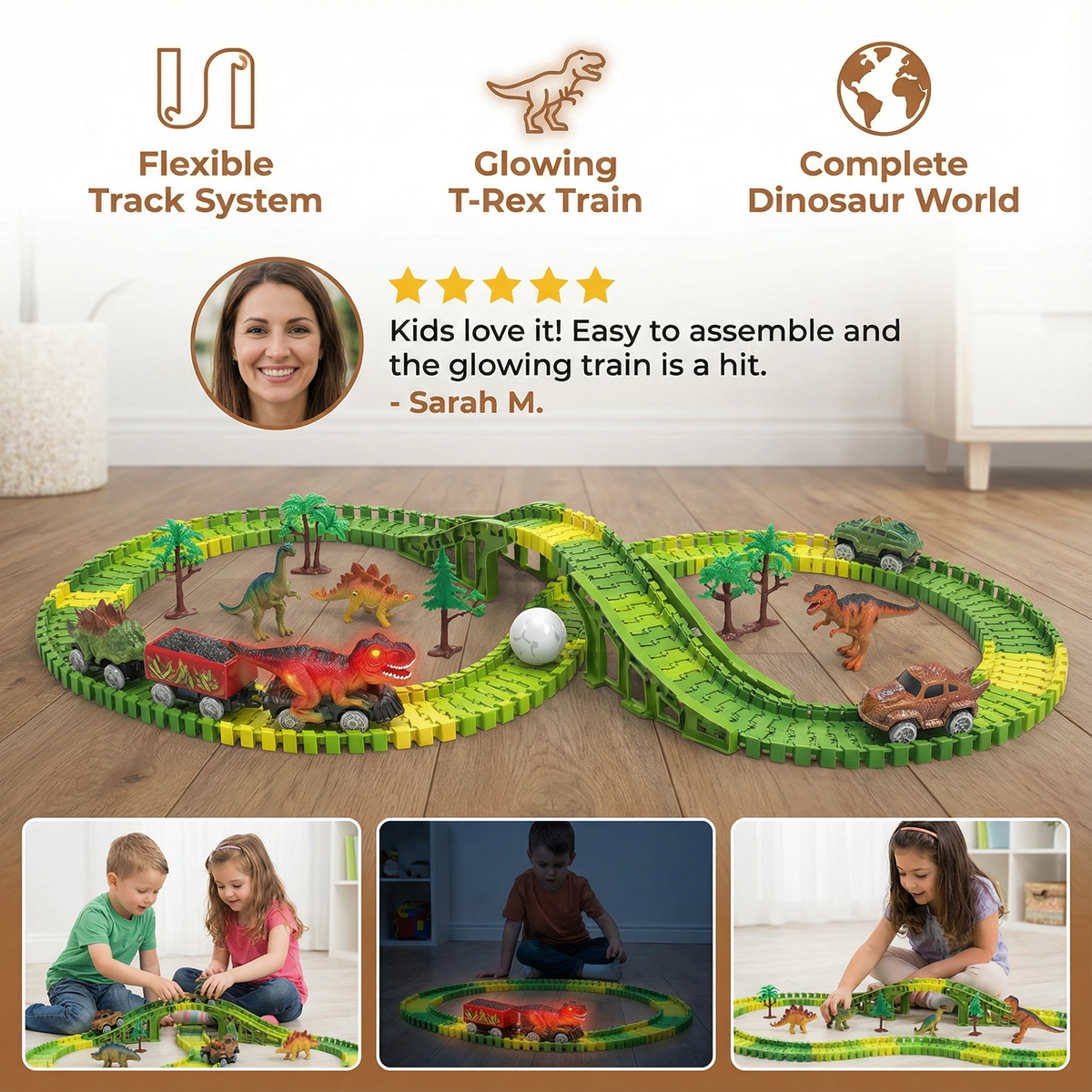 Flexible Dinosaur Track Set with Multicolor LED Train and Landscape Figures