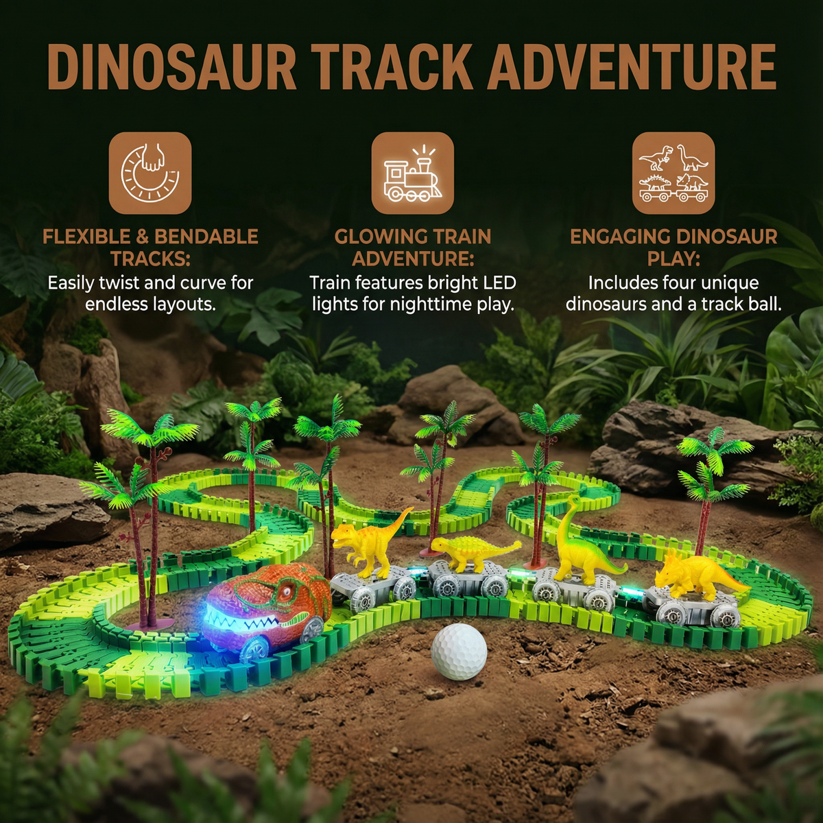 Flexible Dinosaur Track Set with Multicolor LED Train and Landscape Figures
