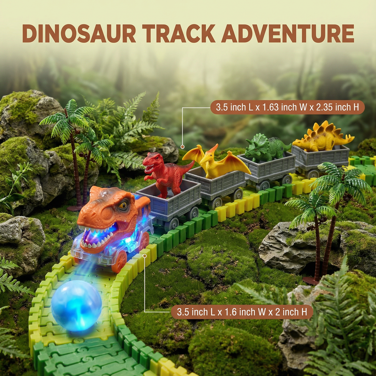 Flexible Dinosaur Track Set with Multicolor LED Train and Landscape Figures