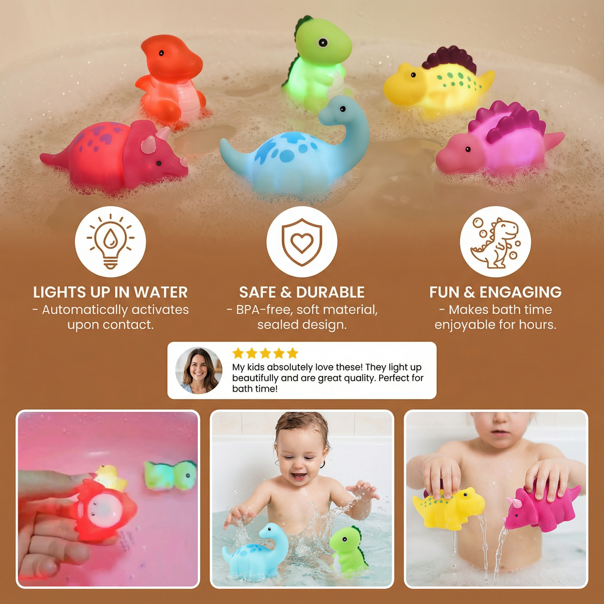 LED Color Changing Dinosaur Bath Toys with Automatic Light Cycling and Sealed Design