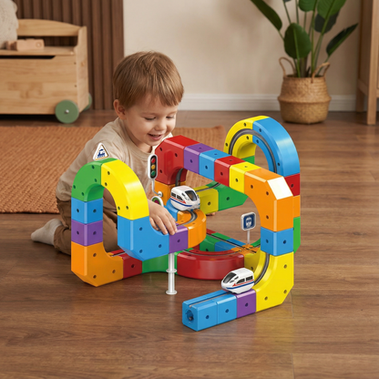 Modular Cube Train Track Set with 81 Snap-Together Pieces and Gravity-Powered Train Car