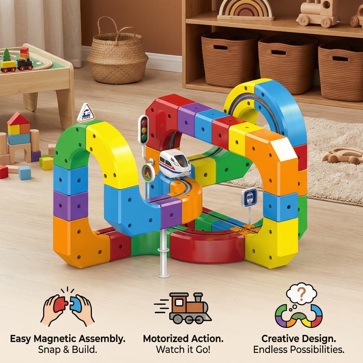 Modular Cube Train Track Set with 81 Snap-Together Pieces and Gravity-Powered Train Car
