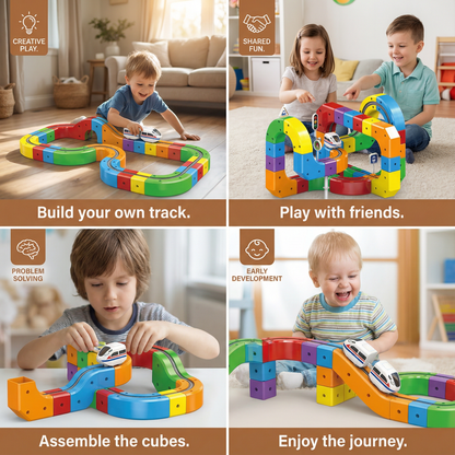 Modular Cube Train Track Set with 81 Snap-Together Pieces and Gravity-Powered Train Car