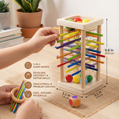 Wooden Stick Game with Colored Sticks and Balls, Three Play Modes