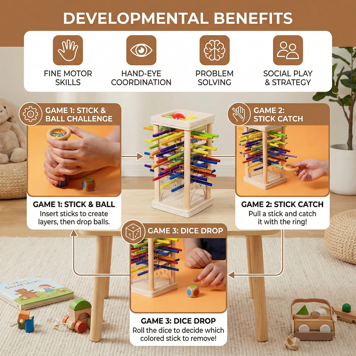 Wooden Stick Game with Colored Sticks and Balls, Three Play Modes