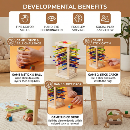 Wooden Stick Game with Colored Sticks and Balls, Three Play Modes