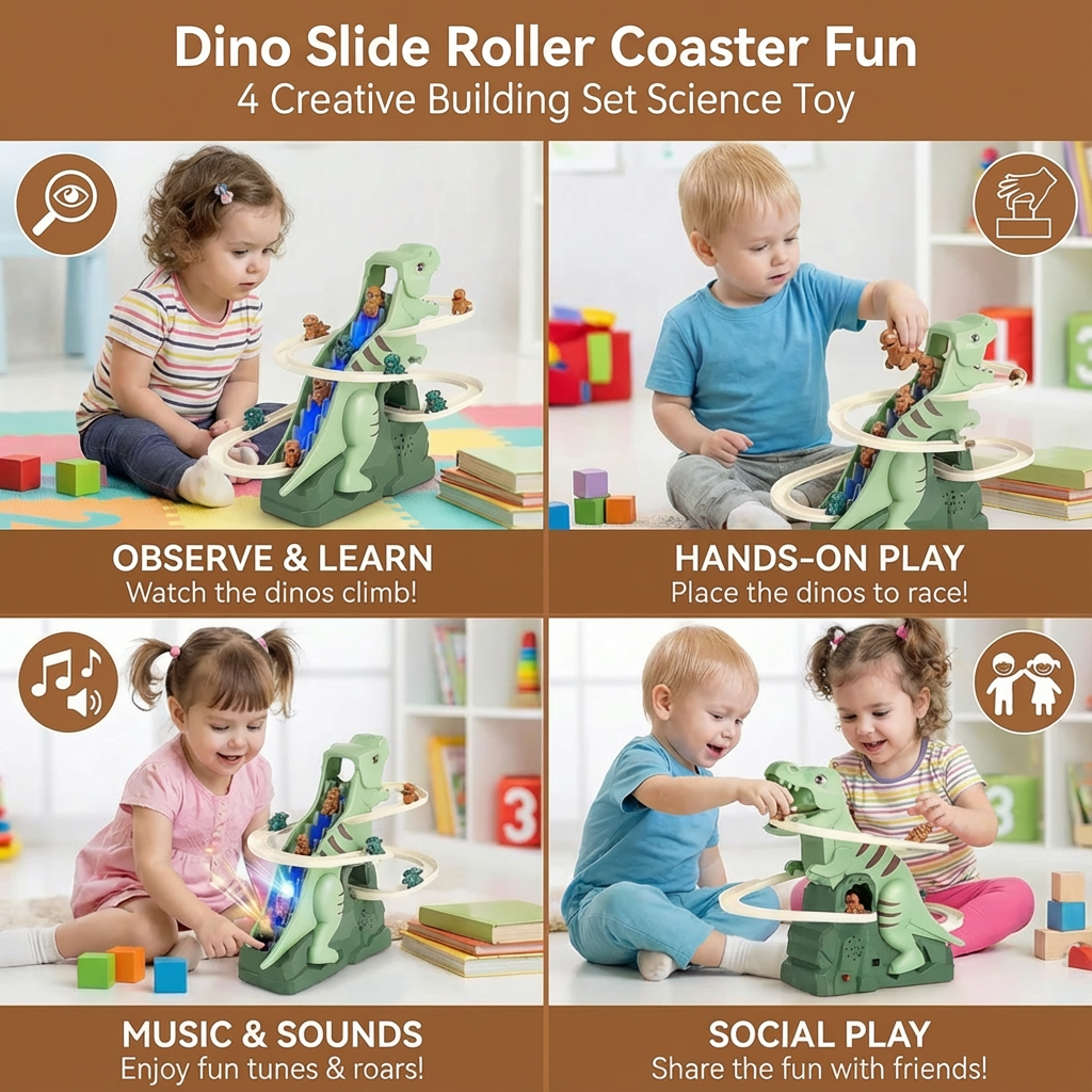Dinosaur Slide Roller Coaster for Kids with Climbing Track and Indoor Outdoor Use