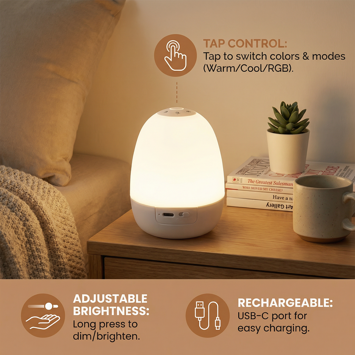 Touch-Activated LED Night Light with Adjustable Brightness and Silicone Body
