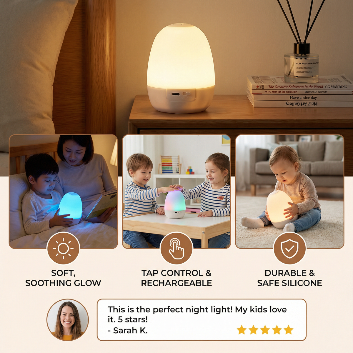 Touch-Activated LED Night Light with Adjustable Brightness and Silicone Body