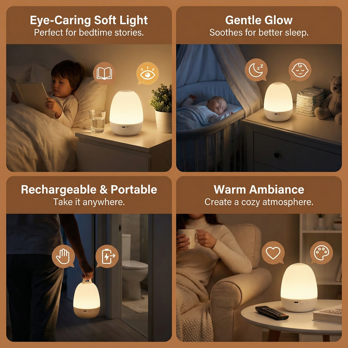Touch-Activated LED Night Light with Adjustable Brightness and Silicone Body