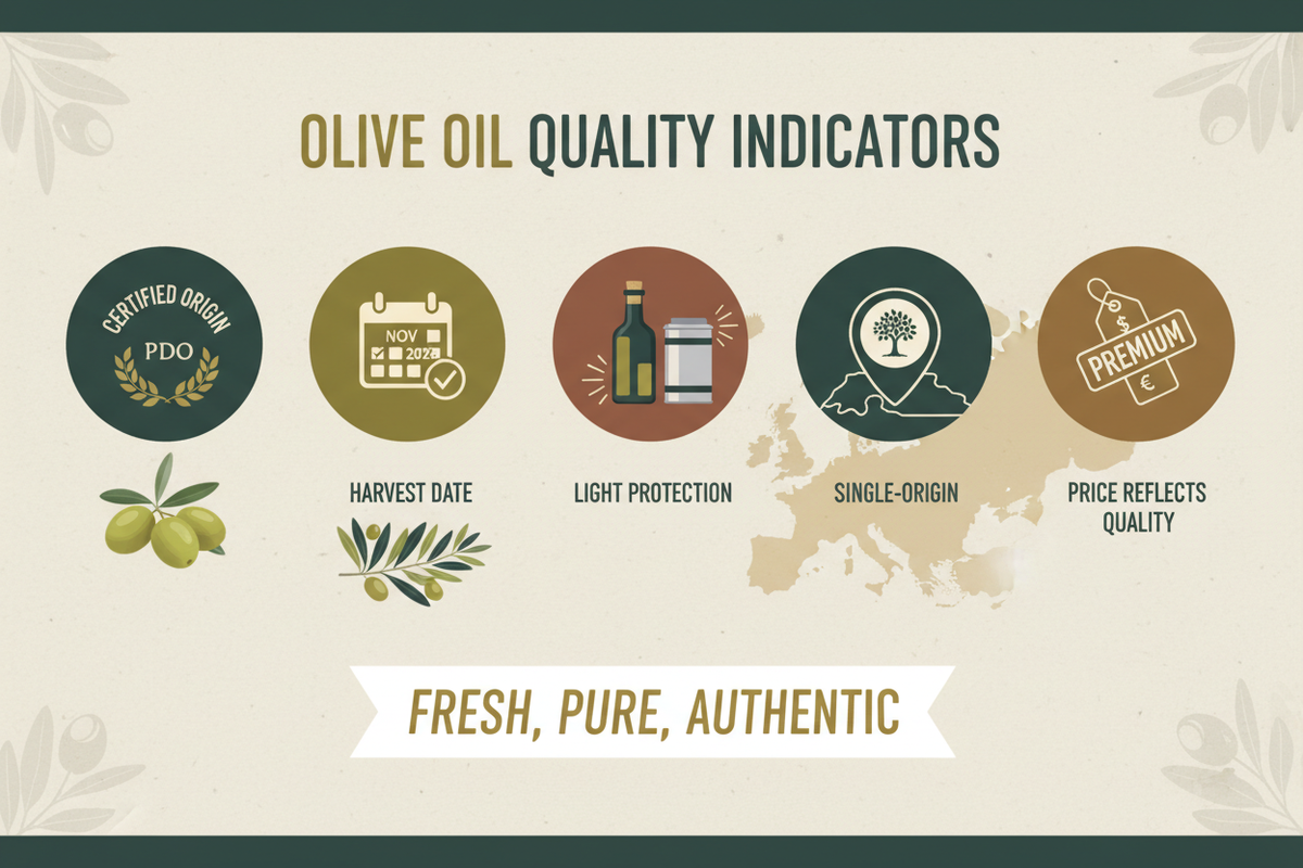 When shopping for olive oil, look for these quality indicators:Certification: Look for PDO (Protected Designation of Origin) or PGI labels.Harvest Date: Fresher is better. Look for a harvest date within the last year.Dark Bottle: Quality olive oil comes in dark glass or tin to protect from light.Origin: Single-origin oils often indicate higher quality and traceability.Price: Good EVOO isn't cheap. Be wary of suspiciously low prices.Taste: Quality EVOO should taste fruity, peppery, or grassy, with a slight b
