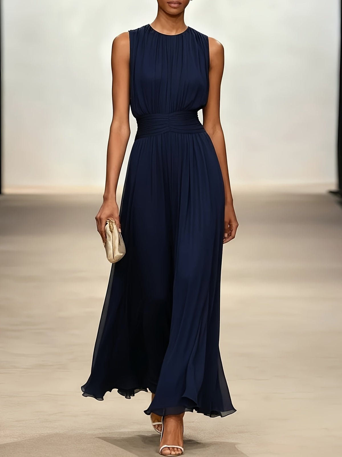 Chic long pleated evening dress with a ruched waist, ideal formal wear or party dress for women.