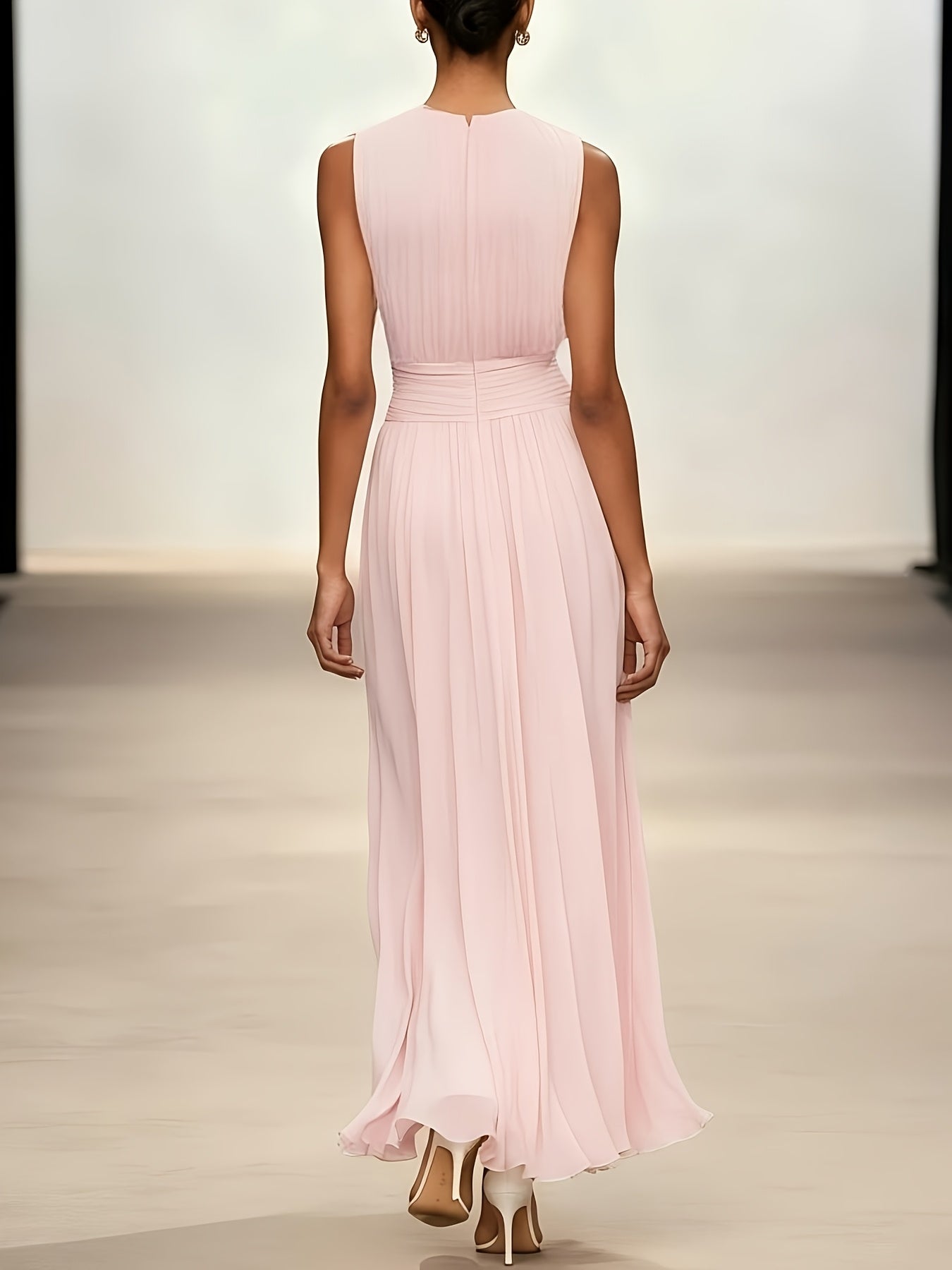 Graceful pleated wedding guest dress, maxi length, featuring a flattering ruched waist for formal elegance.
