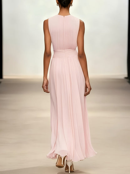 Graceful pleated wedding guest dress, maxi length, featuring a flattering ruched waist for formal elegance.