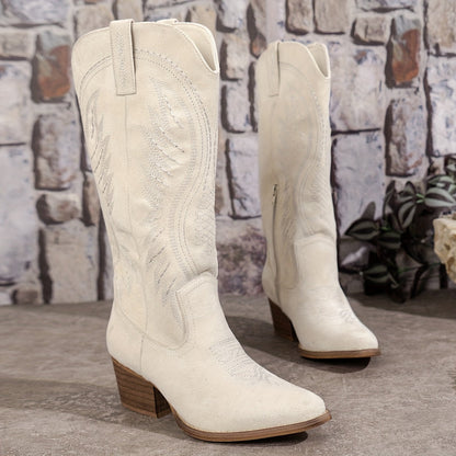Stunning women's knee-high western boots showcasing unique, intricate embroidery for a distinctive fashion statement.