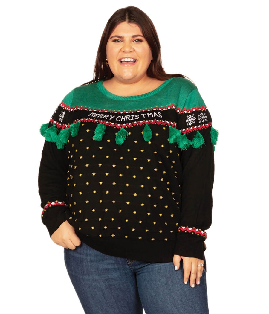 Womens Plus Size Christmas Tree Tassel Sweater in Festive Green and Red