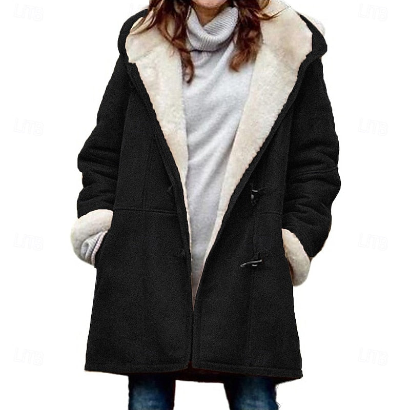 Insulated Hooded Winter Coat with Button Front and Adjustable Hood