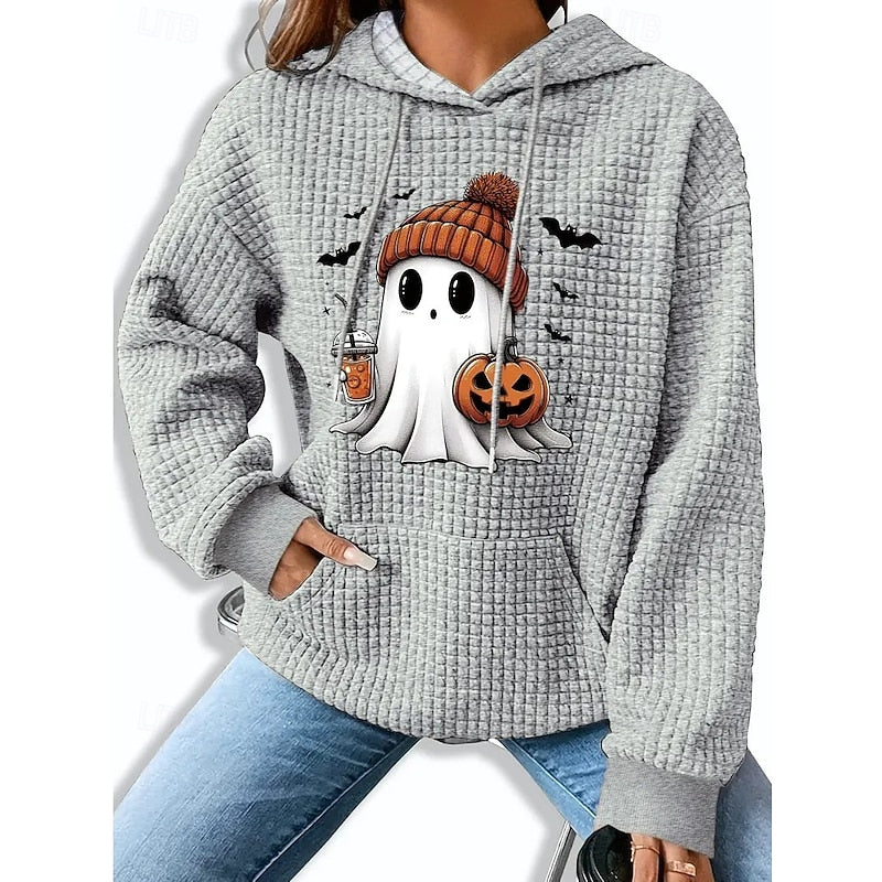 Womens Halloween Hoodie with a Ghost and Pumpkin Design, Front Pocket and a Relaxed Fit in Three Colors